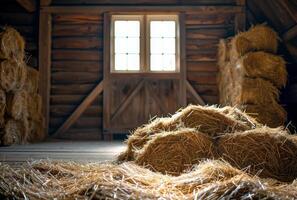 AI generated Straw bales in the barn. A pile of hay in the barn photo