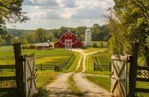 AI generated Red barn and silo in the background with dirt road and open gate in the foreground photo