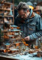 AI generated Mature man standing in front of model of house and working on it photo