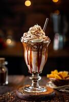 AI generated Caramel frappe coffee with whipped cream and caramel sauce in tall glass photo