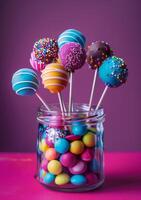 AI generated Colorful cake pops in glass jar and colorful candies on pink background photo