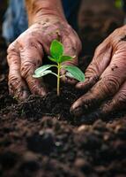 AI generated Farmer planting young plant on the soil photo