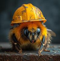 AI generated Bee in helmet is sitting on wooden table. Bee wearing hard hat on a dark table photo