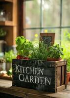 AI generated Kitchen garden in crate. An wooden box with plants and vegetables inside photo