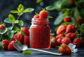 AI generated Strawberry jam in glass jar and fresh strawberries on dark background photo