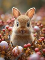 AI generated Cute little bunny in spring forest among colorful Easter eggs photo