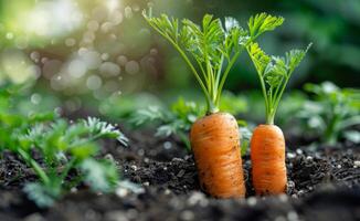 ai generado Fresco orgánico zanahorias creciente en el suelo en jardín foto