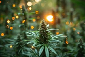 AI generated Flowering cannabis plant sits in the foreground with the sun shining through the trees in the background photo
