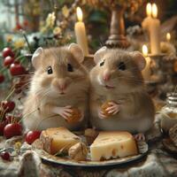 AI generated Two mice eat cheese on festive table photo