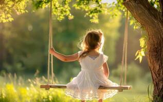 ai generado adorable pequeño niña teniendo divertido en columpio en cierne antiguo manzana árbol jardín en calentar y soleado verano día al aire libre foto