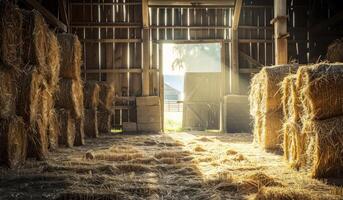 AI generated Hay bales stacked in barn with sunlight streaming in through the open door photo
