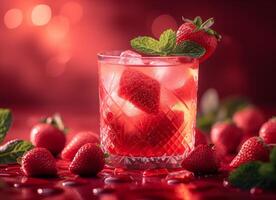 AI generated Strawberry cocktail with fresh strawberries and mint on red background photo