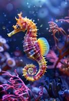 AI generated Sea horse on coral reef. A seahorse in the ocean with beautiful colors photo