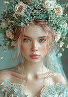 AI generated Portrait of gentle lady wreath of wild flowers on her head gentle make-up and hairstyle. Beauty fashion. photo