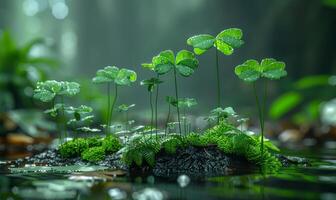 ai generado un trébol hojas. bosque y verde plantas en el agua foto