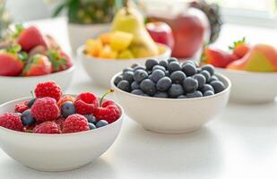 AI generated Fresh berries and fruits on the table in the kitchen photo