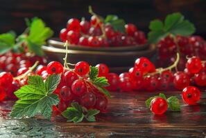 AI generated Red currants on dark rustic background photo