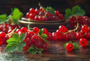 AI generated Red currants on dark rustic background photo