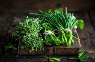 AI generated Fresh herbs and green onions on wooden cutting board photo