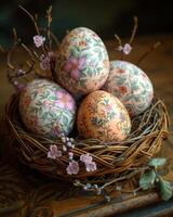 AI generated Easter eggs in wicker nest. Some painted nesting easter eggs are sitting in a basket on an old wooden table photo