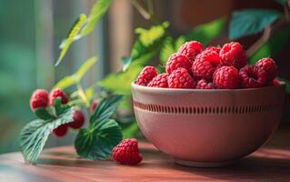 AI generated Raspberries in clay bowl on wooden table photo