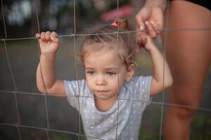 Toned portrait of Sad little girl looks through wire fence photo