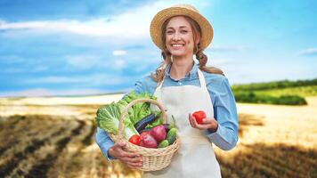 Woman farmer straw hat apron standing farmland smiling Female agronomist specialist farming agribusiness Happy positive caucasian worker agricultural field photo