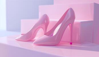 AI generated Pink High heel shoes on pink background. photo