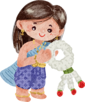 watercolor cute girl in traditional dress with garland Songkran Thai water festival element png