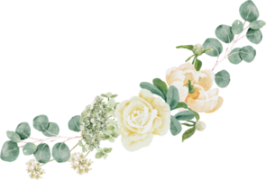 watercolor white peony and rose foliage flower bouquet wreath frame png
