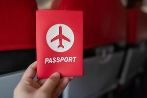 Hand holding passport in the airplane cabin. photo