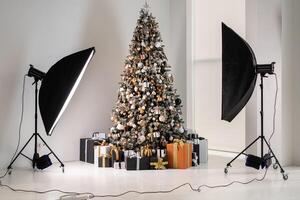 Christmas tree in white interior photo studio with stylish black and orange gift box standing like model with flash light