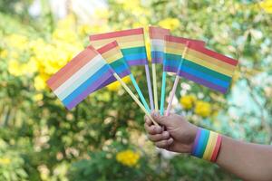 cerca arriba mano sostener arco iris colores banderas al aire libre antecedentes. concepto, lgbtq celebracion en orgullo mes, junio. símbolo de lgbt comunidad alrededor el soporte.mundial humano Derecha de género diversidad. foto