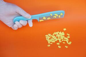 Comb and small pieces of paper. Equipment, prepared to do experiment about static electricity. Orange background. Concept, Science lesson, fun and easy experiment. Education. Teaching aids. photo