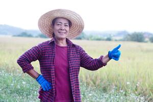 Happy Asian woman farmer is at paddy field, wears hat, red plaid shirt, gloves, put hand on waist and thumbs up. Smile and look at camera. Concept, Agriculture occupation. photo