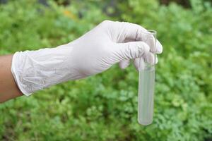 Close up ecologist hand holds test tube with chemical contaminated water in agriculture area. Concept, Inspecting water quality from nature source. Examination water pollution. Environmental problems. photo