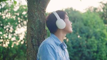 asiático hermoso hombre sensación relajado y canto zumbador solo debajo el árbol en parque. joven gene Adolescente utilizando blanco auricular escuchando a música, ocio estilo de vida concepto. moderno tecnología, pasatiempo concepto. video