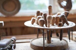 Wood carving tool Carpenter tools in stand at workplace photo