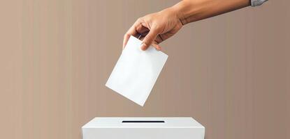 AI generated Hand placing a ballot into voting box. Voter. Caucasian person voting. On solid beige background. Concept of democracy, presidential elections, freedom, political process. Banner photo