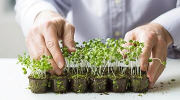 AI generated Close-up on hands nurturing small green plant sprouts. Individual gardening microgreens. Concept of urban farming, hands-on agriculture, green living, home gardening photo