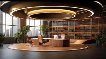 AI generated Luxurious executive office with circular lighting and cityscape views. Wooden design. Concept of modern leadership, upscale design, and executive workspace photo