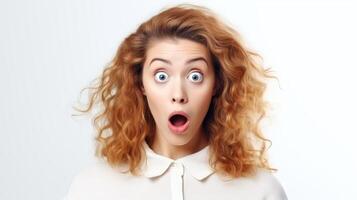 AI generated Excited woman with a shocked expression, wide eyes, open mouth. White background. Concept of surprise announcement, unexpected news, joyful reaction, promotional content. Banner. photo