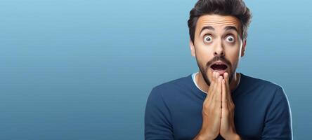 AI generated Excited man with a shocked expression, hands on cheeks, wide eyes. Blue background. Concept of surprise announcement, unexpected news, joyful reaction, promotional content. Wide banner photo