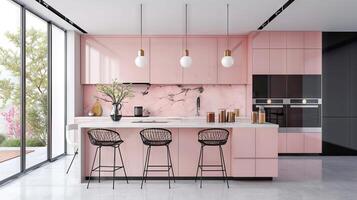 ai generado minimalista moderno cocina diseño en de moda de moda rosado color. Perfecto para hogar decoración, real inmuebles listados, interior diseño inspiración foto