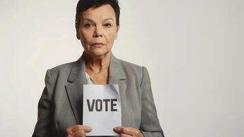 AI generated Middle aged Caucasian woman presenting bold VOTE sign, encouraging civic duty. Female voter. Concept of elections, voting, personal empowerment, political advocacy. Light background photo