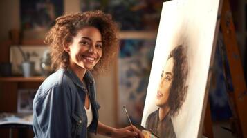 AI generated Young mixed-race lady painter with curly hair next to her artwork in an art studio. Concept of artistic talent, fine arts, creative process, oil painting, and cultural diversity. photo