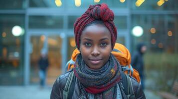 AI generated Black female student refugee with a backpack at a university. Outdoors. Outdoors. Young woman. Concept of academic aspirations, new beginnings, immigrant education photo