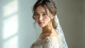 AI generated Beautiful young Asian bride in a white lace wedding gown. Tender woman. Concept of bridal beauty, elegance, feminine grace, and the start of a matrimonial journey. photo