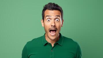 AI generated Man with shocked expression, open mouth, wide eyes, against green background. Concept of astonishment, surprise reaction, unexpected events, and unexpected news. Wide banner photo