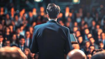 AI generated Presidential candidate delivering a speech to voters. Orator on stage. Back view. Asian man. Concept of political campaign, leadership, election rally, and public address photo